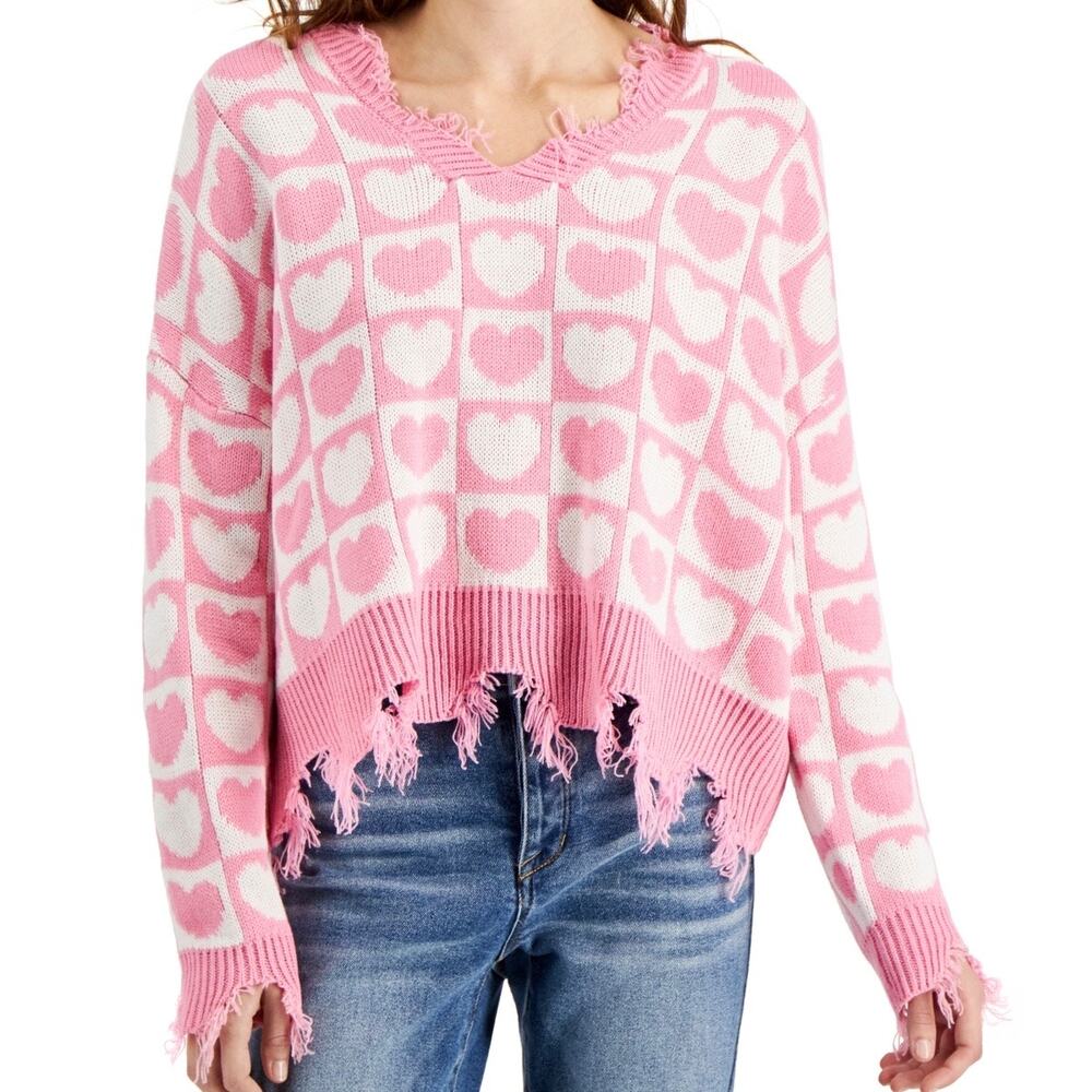 Just Polly Heart Print Destructed Sweater - Pink - Large